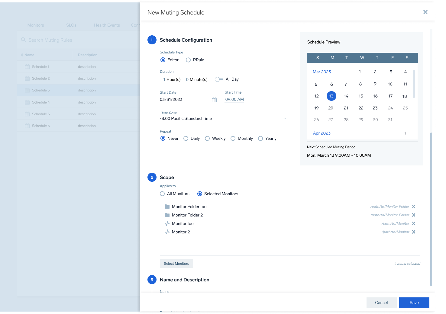 Scoping interface with selected items and defined scope
